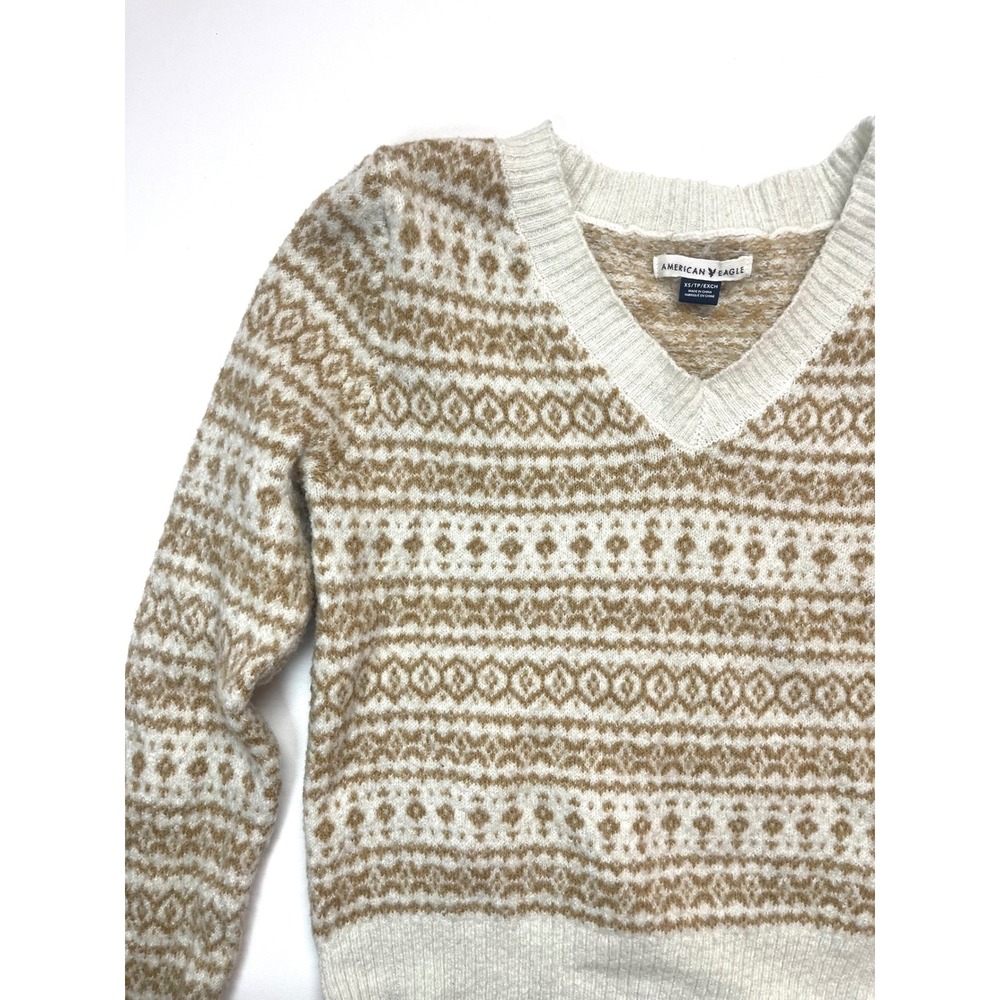 American Eagle Womens XS Fair Isle V-Neck Sweater Tan Cream Knit Pullover